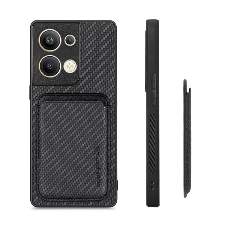 For OPPO Reno9 Carbon Fiber Leather Card Magsafe Magnetic Phone Case(Black) by bashfashion