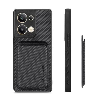 For OPPO Reno9 Carbon Fiber Leather Card Magsafe Magnetic Phone Case(Black) by bashfashion