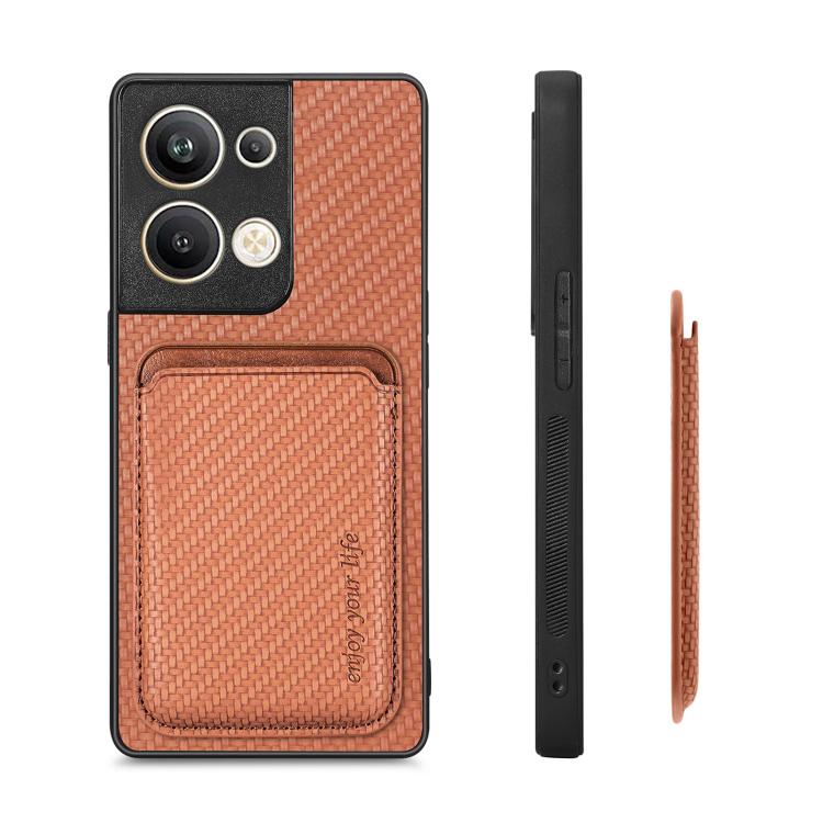 For OPPO Reno9 Carbon Fiber Leather Card Magsafe Magnetic Phone Case(Brown) by bashfashion