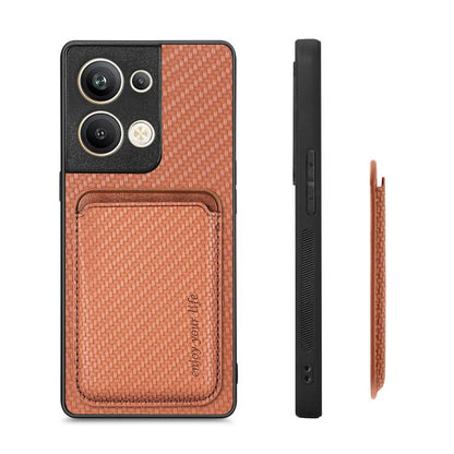 For OPPO Reno9 Carbon Fiber Leather Card Magsafe Magnetic Phone Case(Brown) by bashfashion