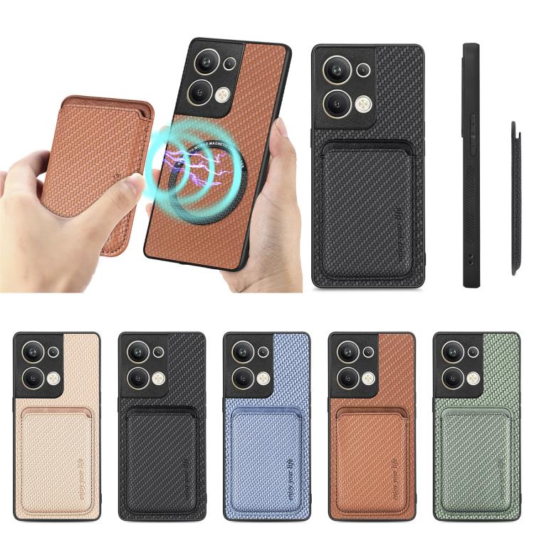 For OPPO Reno9 Pro+ Carbon Fiber Leather Card Magsafe Magnetic Phone Case(Brown) by bashfashion