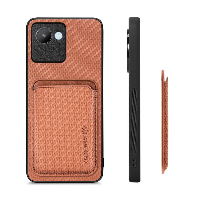 For Realme C30 Carbon Fiber Leather Card Magsafe Phone Case(Brown) by bashfashion