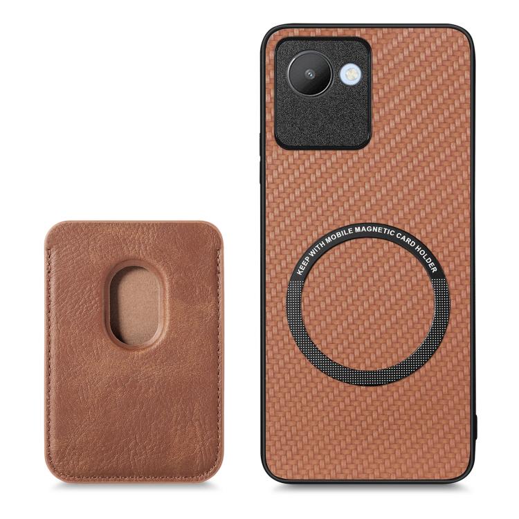 For Realme C30 Carbon Fiber Leather Card Magsafe Phone Case(Brown) by bashfashion