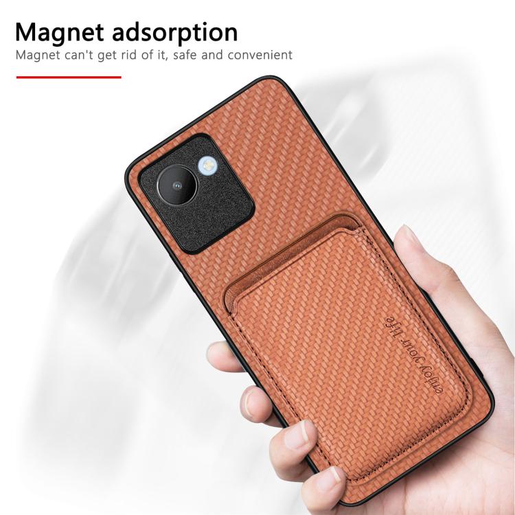 For Realme C30 Carbon Fiber Leather Card Magsafe Phone Case(Brown) by bashfashion