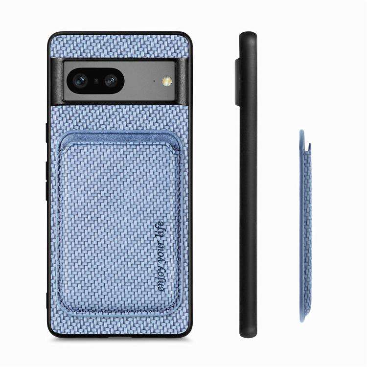 For Google Pixel 7 Carbon Fiber Leather Card Magsafe Phone Case(Blue) by bashfashion