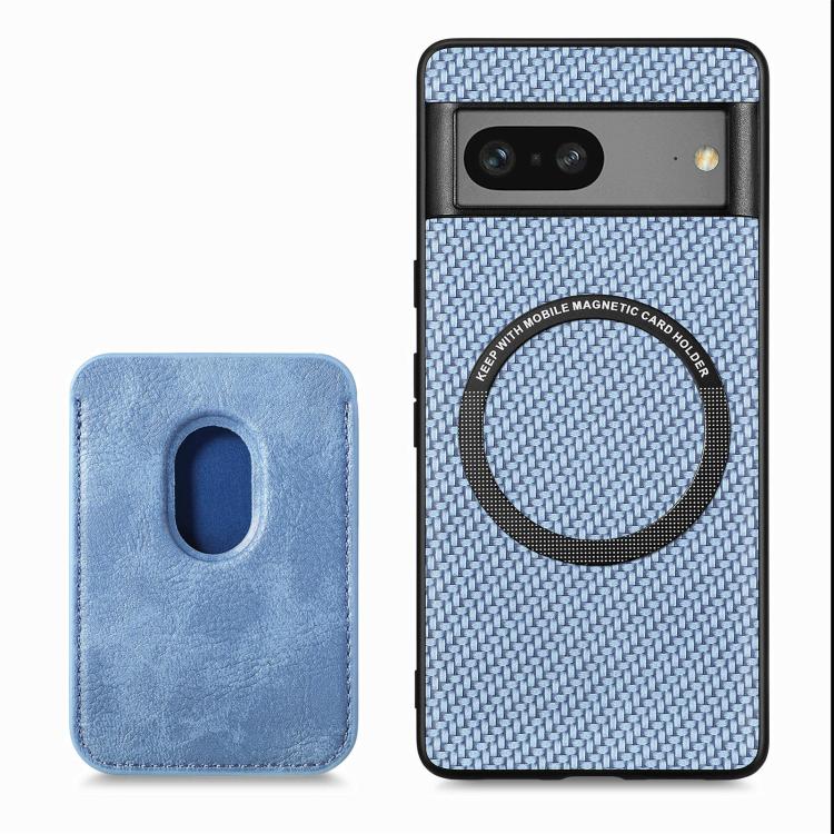 For Google Pixel 7 Carbon Fiber Leather Card Magsafe Phone Case(Blue) by bashfashion