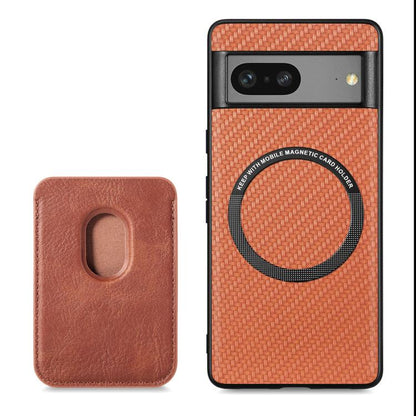 For Google Pixel 7 Carbon Fiber Leather Card Magsafe Phone Case(Brown) by bashfashion