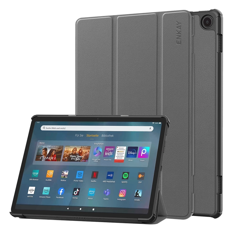 For Amazon Fire Max 11 ENKAY Tri-fold Custer Texture Leather Smart Tablet Case(Grey) by ENKAY