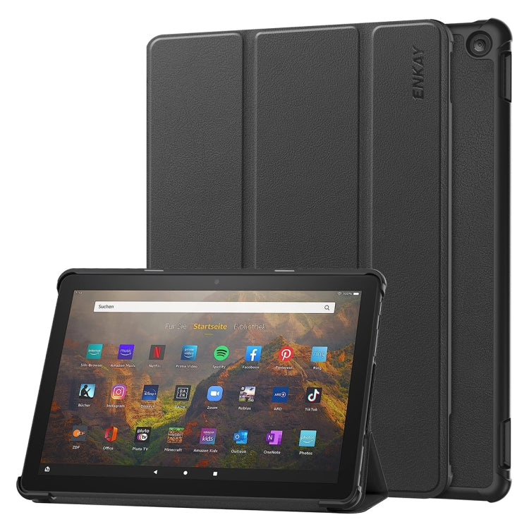 For Amazon Fire HD 10 2023 ENKAY ENKAY Tri-fold Custer Texture Leather Smart Tablet Case(Black) by ENKAY
