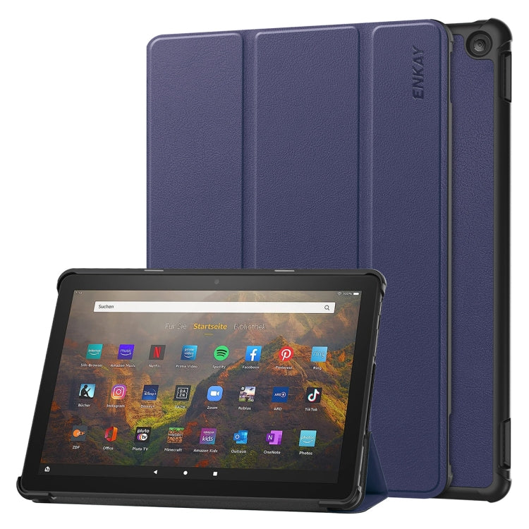 For Amazon Fire HD 10 2023 ENKAY ENKAY Tri-fold Custer Texture Leather Smart Tablet Case(Dark Blue) by ENKAY