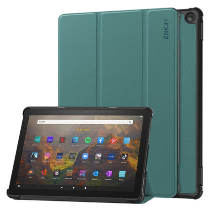 For Amazon Fire HD 10 2023 ENKAY ENKAY Tri-fold Custer Texture Leather Smart Tablet Case(Dark Green) by ENKAY