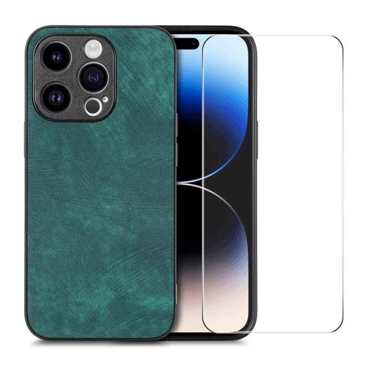 For iPhone 15 Pro Max ENKAY Retro Leather Skin PC Phone Case with High Aluminum-silicon Glass Film(Green) by ENKAY
