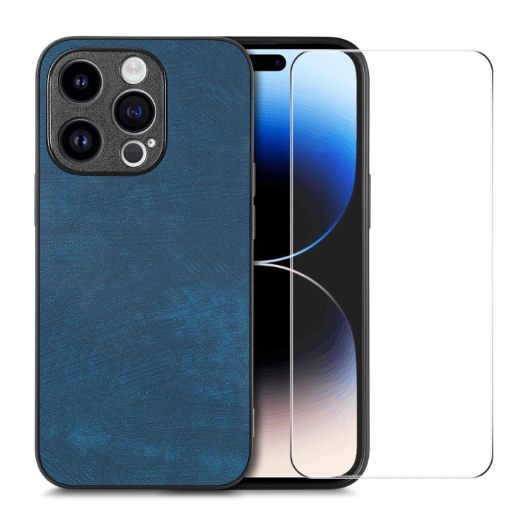 For iPhone 15 Pro ENKAY Retro Leather Skin PC Phone Case with High Aluminum-silicon Glass Film(Blue) by ENKAY