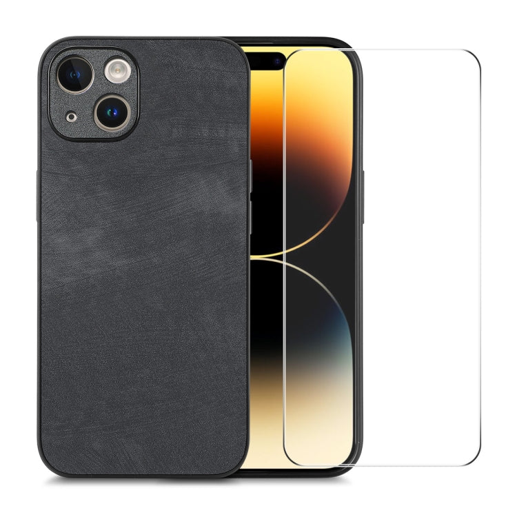 For iPhone 15 Plus ENKAY Retro Leather Skin PC Phone Case with High Aluminum-silicon Glass Film(Black) by ENKAY