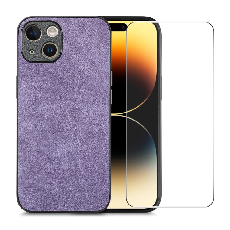 For iPhone 15 Plus ENKAY Retro Leather Skin PC Phone Case with High Aluminum-silicon Glass Film(Purple) by ENKAY