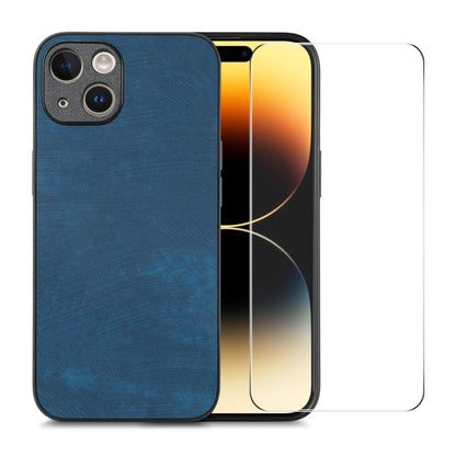 For iPhone 15 ENKAY Retro Leather Skin PC Phone Case with High Aluminum-silicon Glass Film(Blue) by ENKAY