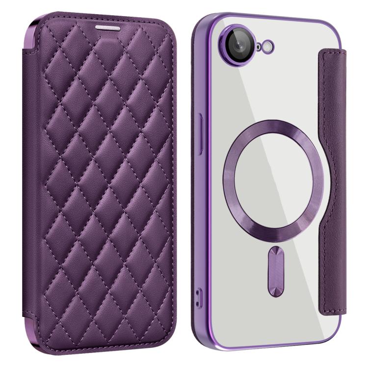 For iPhone 16e Shield Magsafe RFID Anti-theft Rhombus Leather Phone Case(Purple) by bashfashion