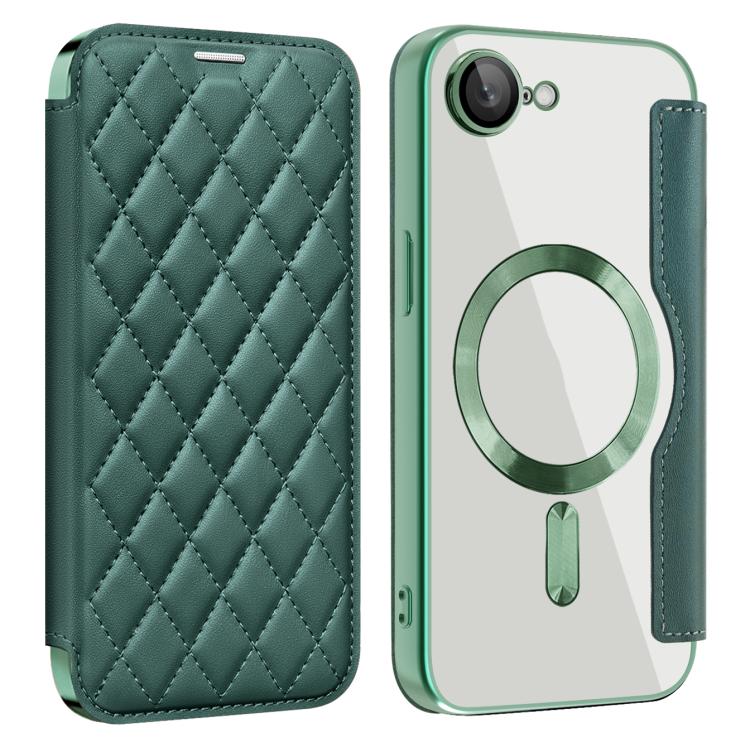 For iPhone 16e Shield Magsafe RFID Anti-theft Rhombus Leather Phone Case(Green) by bashfashion