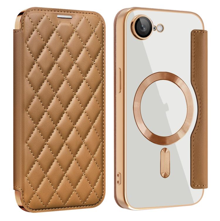 For iPhone 16e Shield Magsafe RFID Anti-theft Rhombus Leather Phone Case(Brown) by bashfashion