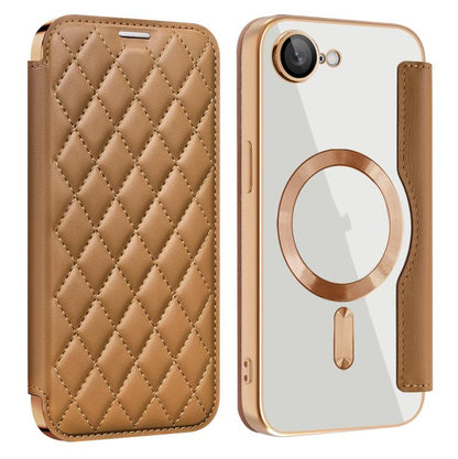 For iPhone 16e Shield Magsafe RFID Anti-theft Rhombus Leather Phone Case(Brown) by bashfashion