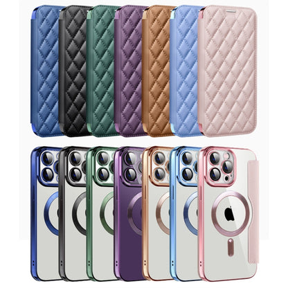 For iPhone 16e Shield Magsafe RFID Anti-theft Rhombus Leather Phone Case(Blue) by bashfashion