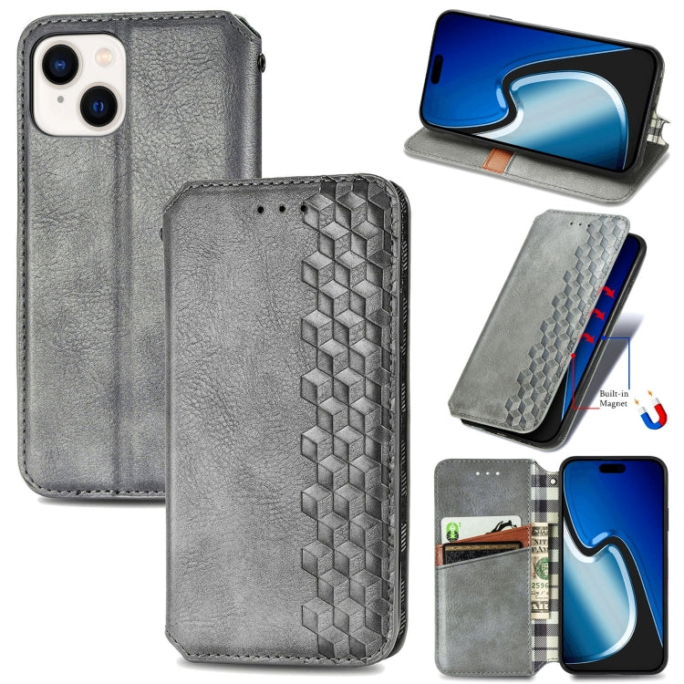 For iPhone 15 Plus Cubic Grid Pressed Magnetic Leather Phone Case(Grey) by bashfashion