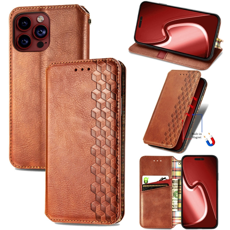 For iPhone 15 Pro Max Cubic Grid Pressed Magnetic Leather Phone Case(Brown) by bashfashion