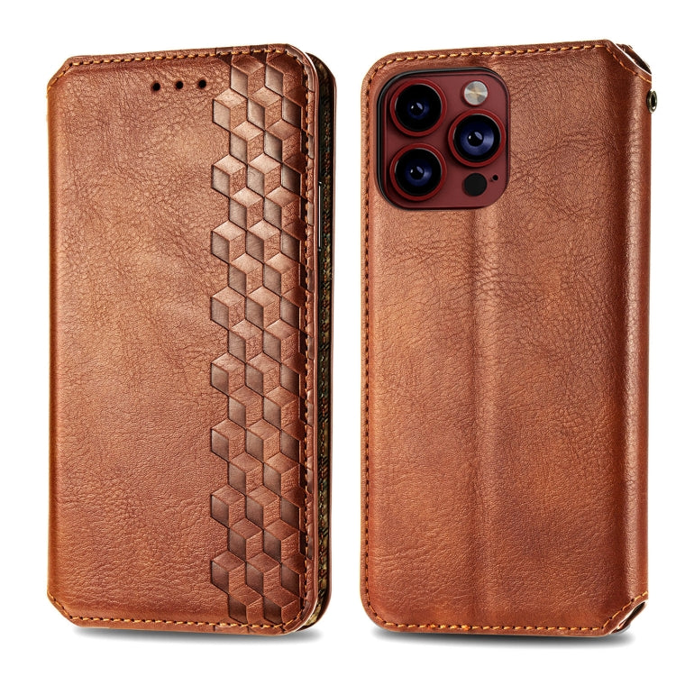 For iPhone 15 Pro Max Cubic Grid Pressed Magnetic Leather Phone Case(Brown) by bashfashion