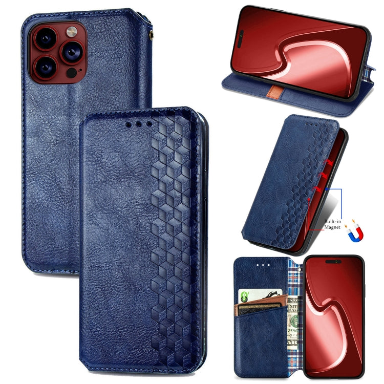 For iPhone 15 Pro Max Cubic Grid Pressed Magnetic Leather Phone Case(Blue) by bashfashion