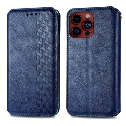 For iPhone 15 Pro Max Cubic Grid Pressed Magnetic Leather Phone Case(Blue) by bashfashion
