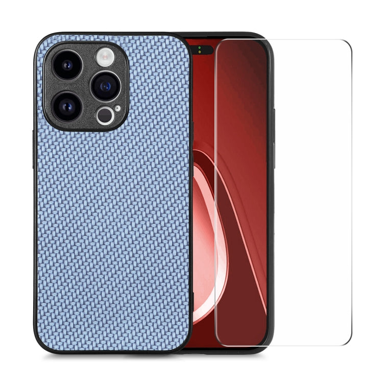 For iPhone 15 Pro Max ENKAY Fiber Leather Skin PC Phone Case with High Aluminum-silicon Glass Film(Blue) by ENKAY