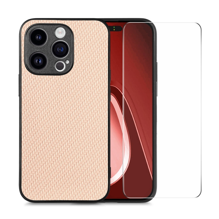 For iPhone 15 Pro ENKAY Fiber Leather Skin PC Phone Case with High Aluminum-silicon Glass Film(Khaki) by ENKAY