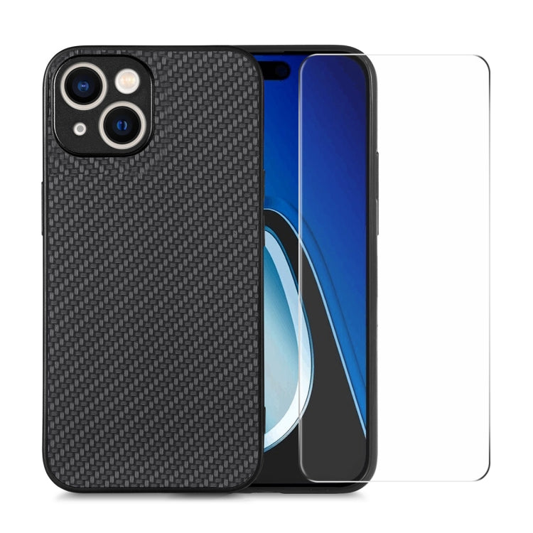 For iPhone 15 ENKAY Fiber Leather Skin PC Phone Case with High Aluminum-silicon Glass Film(Black) by ENKAY