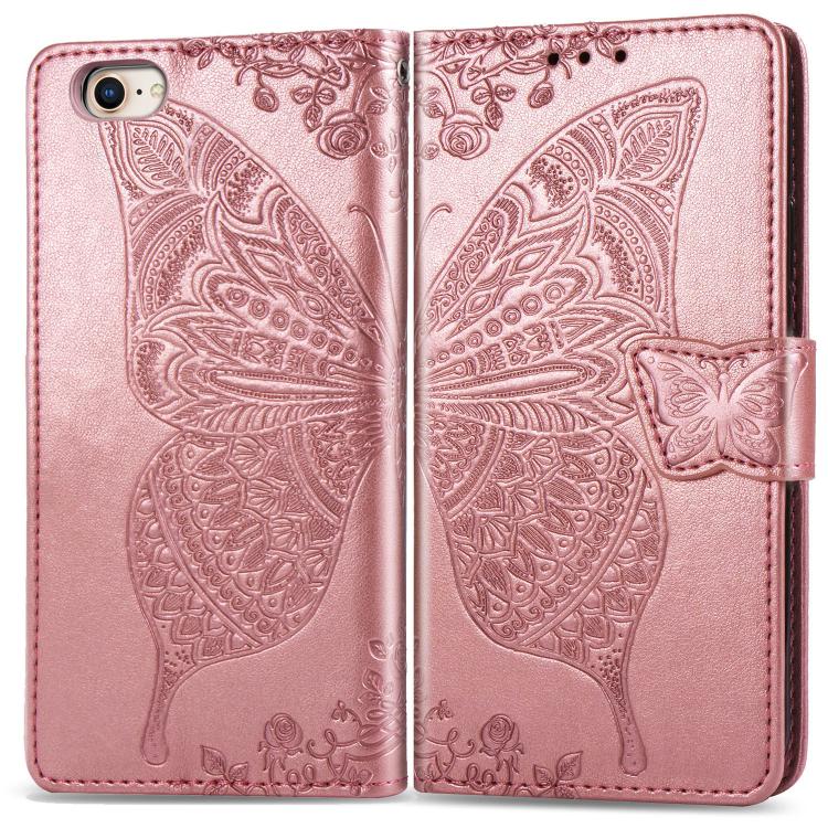 For iPhone 16e Butterfly Love Flower Embossed Leather Phone Case(Rose Gold) by bashfashion