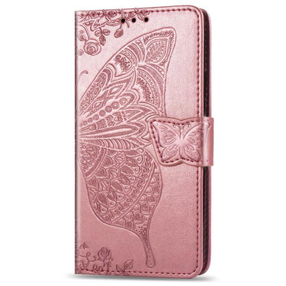 For iPhone 16e Butterfly Love Flower Embossed Leather Phone Case(Rose Gold) by bashfashion