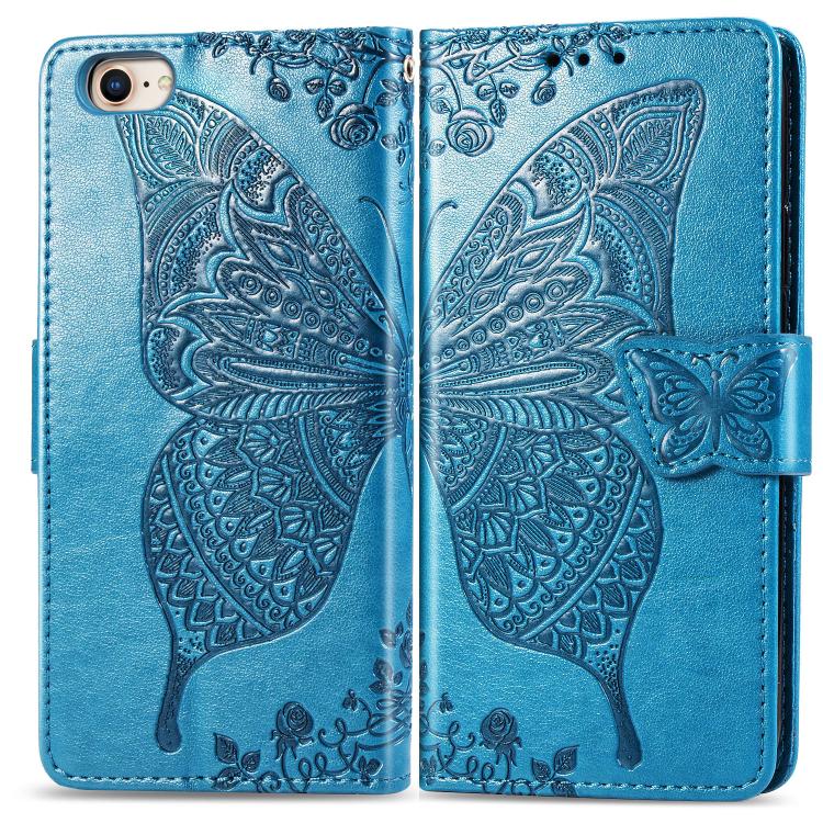 For iPhone 16e Butterfly Love Flower Embossed Leather Phone Case(Blue) by bashfashion