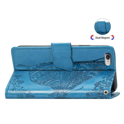 For iPhone 16e Butterfly Love Flower Embossed Leather Phone Case(Blue) by bashfashion