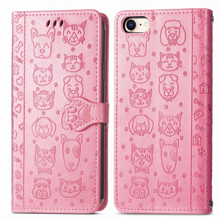 For iPhone 16e Cat and Dog Embossed Leather Phone Case(Pink) by bashfashion