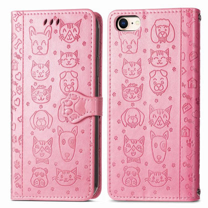 For iPhone 16e Cat and Dog Embossed Leather Phone Case(Pink) by bashfashion
