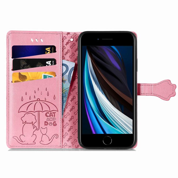 For iPhone 16e Cat and Dog Embossed Leather Phone Case(Pink) by bashfashion