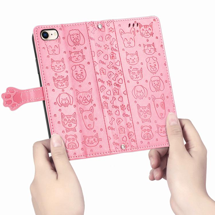 For iPhone 16e Cat and Dog Embossed Leather Phone Case(Pink) by bashfashion