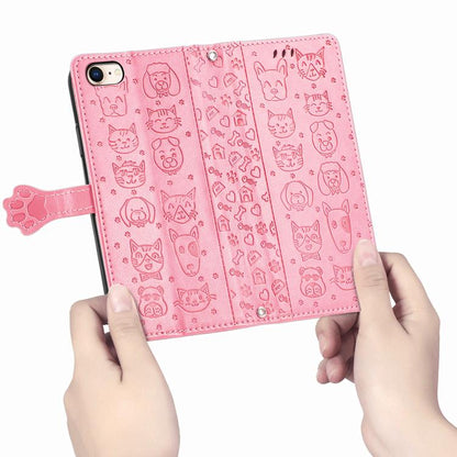 For iPhone 16e Cat and Dog Embossed Leather Phone Case(Pink) by bashfashion