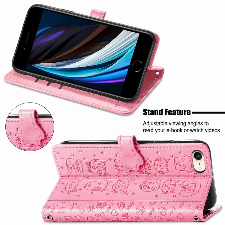 For iPhone 16e Cat and Dog Embossed Leather Phone Case(Pink) by bashfashion
