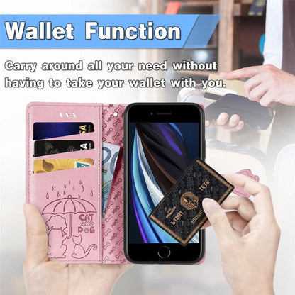 For iPhone 16e Cat and Dog Embossed Leather Phone Case(Pink) by bashfashion
