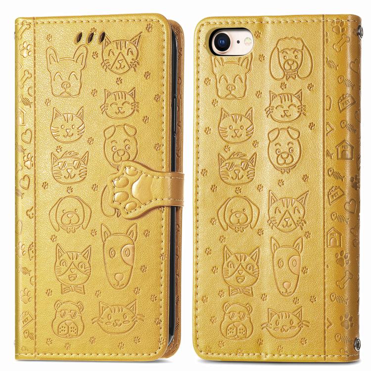 For iPhone 16e Cat and Dog Embossed Leather Phone Case(Yellow) by bashfashion