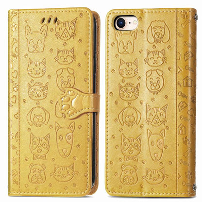 For iPhone 16e Cat and Dog Embossed Leather Phone Case(Yellow) by bashfashion