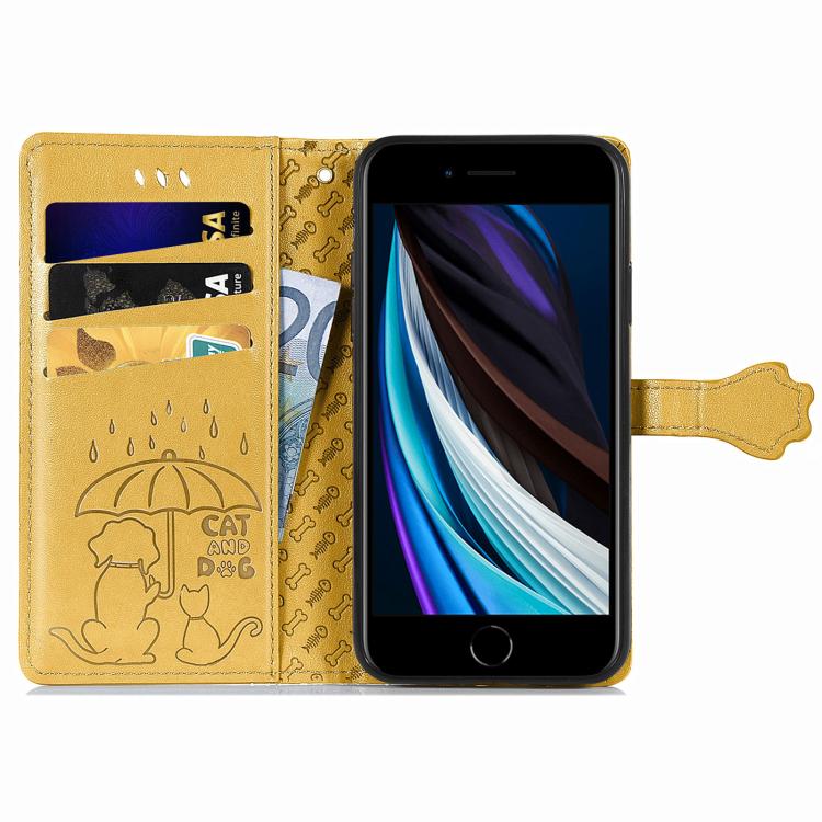 For iPhone 16e Cat and Dog Embossed Leather Phone Case(Yellow) by bashfashion