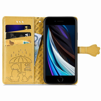 For iPhone 16e Cat and Dog Embossed Leather Phone Case(Yellow) by bashfashion