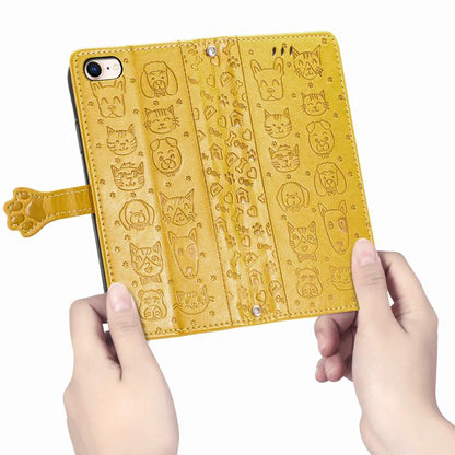 For iPhone 16e Cat and Dog Embossed Leather Phone Case(Yellow) by bashfashion