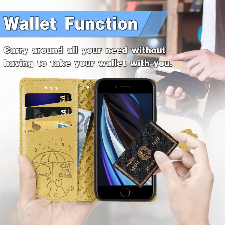 For iPhone 16e Cat and Dog Embossed Leather Phone Case(Yellow) by bashfashion